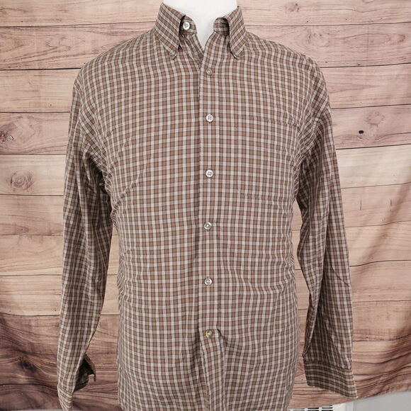 VAN HEUSEN NO WRINKLE BROWN CHECK BUTTON DOWN SHIRT MENS SIZE L 16-16.5 - Picture 3 of 6